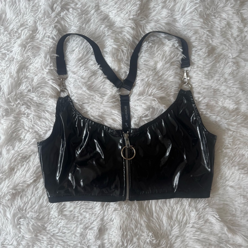 Melanoir pvc black Zip Front Crop Top with Strappy Back